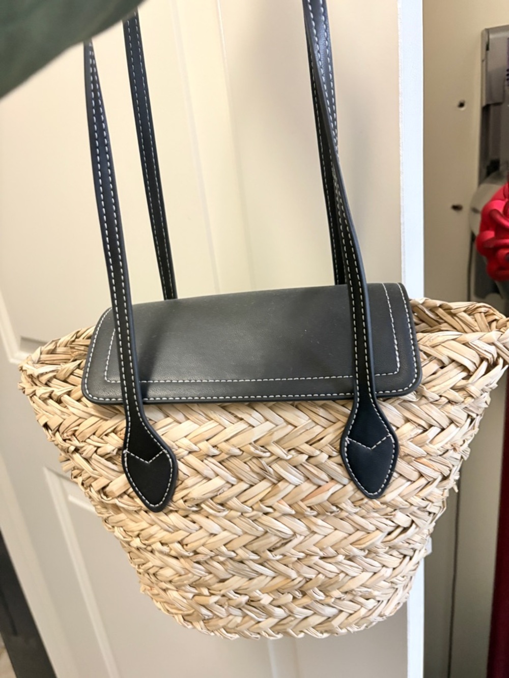 Woven Straw Tote with Black Leather Trim - Picture 4 of 5